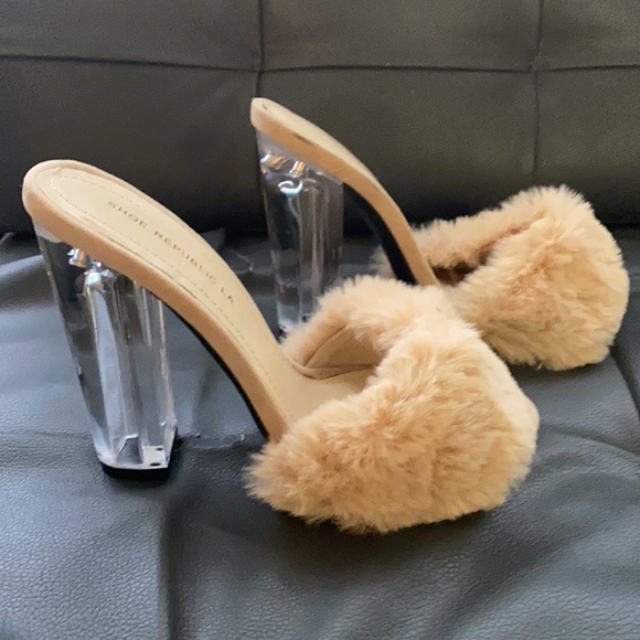 Rabbit Fur Mules with Block Lucite Heels - Picture 4 of 5